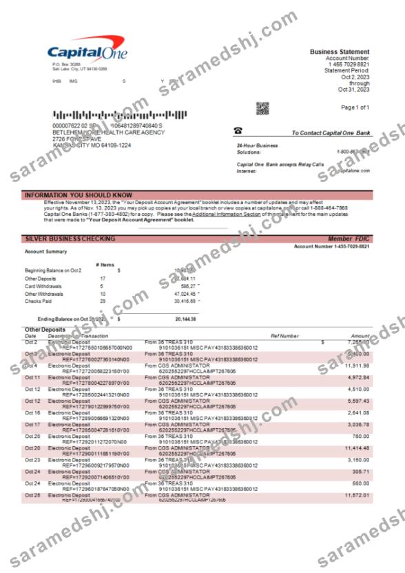 Capital One bank corporate account statement Word and PDF